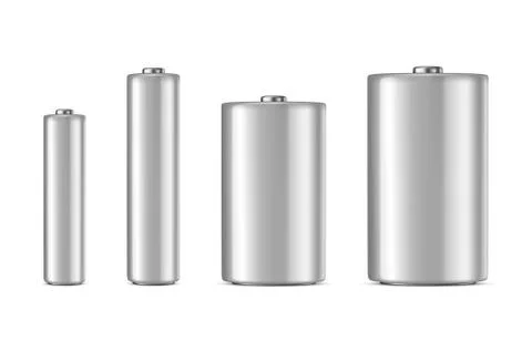 Vector realistic white alkaline batteriy icon set. Diffrent size - AAA, AA, C, D Illustrazione stock