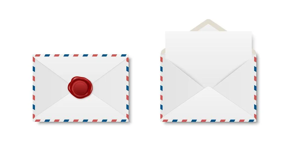 Vector Realistic White Closed Envelope with Red Wax Seal and Opened Envelope Illustrazione stock