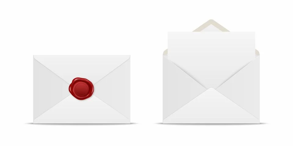 Vector Realistic White Closed Envelope with Red Wax Seal and Opened Envelope Stock Illustration