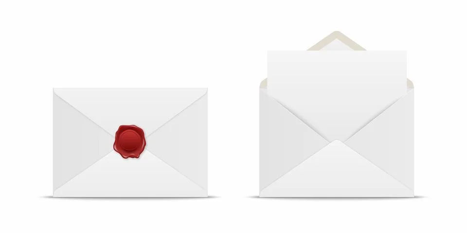 Vector Realistic White Closed Envelope with Red Wax Seal and Opened Envelope Stock Illustration