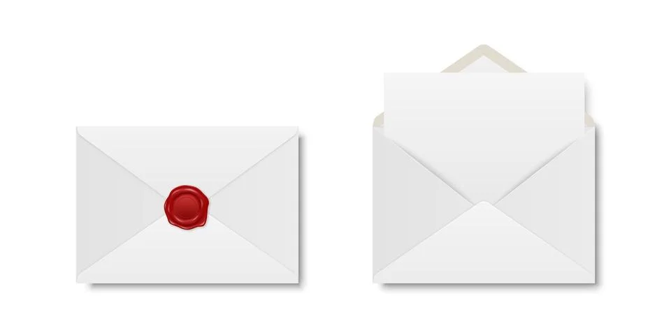 Vector Realistic White Closed Envelope with Red Wax Seal and Opened Envelope Stock Illustration