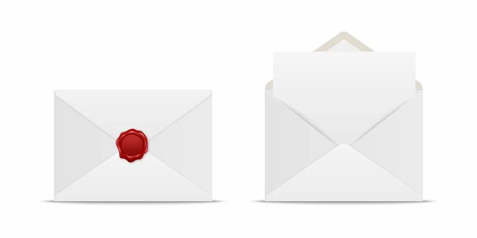 Vector Realistic White Closed Envelope with Red Wax Seal and Opened Envelope Stock Illustration