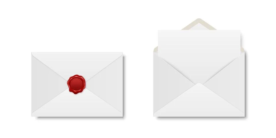 Vector Realistic White Closed Envelope with Red Wax Seal and Opened Envelope Stock Illustration