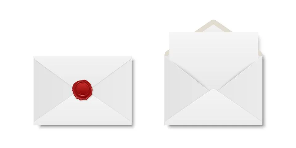 Vector Realistic White Closed Envelope with Red Wax Seal and Opened Envelope Stock Illustration