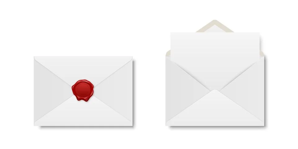 Vector Realistic White Closed Envelope with Red Wax Seal and Opened Envelope Stock Illustration