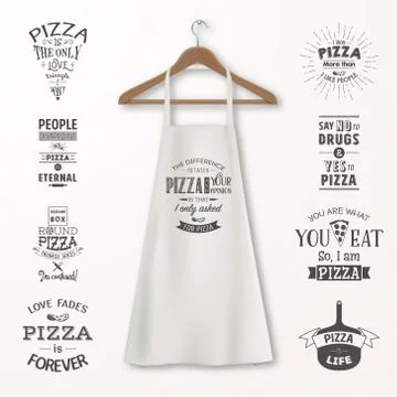 Vector realistic white cotton kitchen apron with clothes wooden hanger and Illustrazione stock