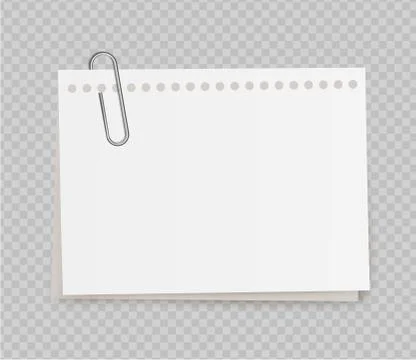 Vector realistic white note paper from note pad with paper clip. Stock Illustration