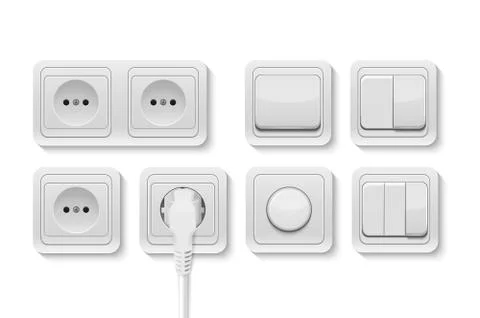 Vector realistic white switches and socket set isolated on white background 스톡 일러스트