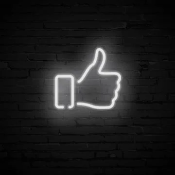 Vector realistic white Thumb Up neon symbol on dark brick wall 스톡 일러스트