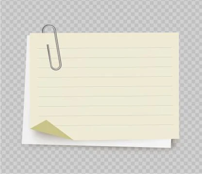 Vector realistic white yellow note paper from note pad with paper clip. Stock Illustration
