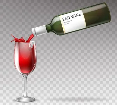 Vector realistic wine bottle, splashing in wineglass Illustrazione stock