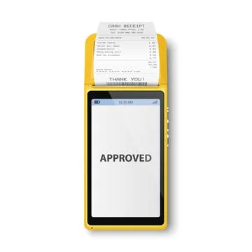 Vector Realistic Yellow 3d Payment Machine. POS Terminal, Paper Receipt Closeup Stock Illustration