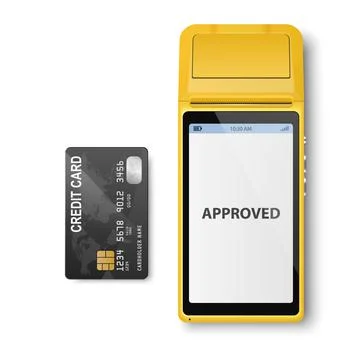 Vector Realistic Yellow 3d Payment Machine. POS Terminal, Credit Card Closeup Illustrazione stock