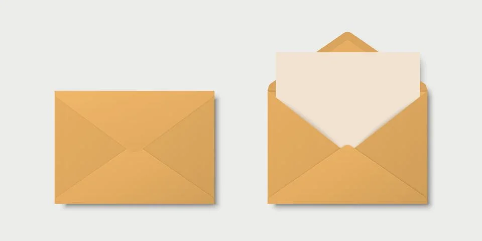 Vector Realistic Yellow Closed, Opened Envelopes with Letter Inside. Folded and Illustrazione stock