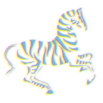 Vector rear up CMYK halftone zebra silhouette with colorful stripes Stock Illustration