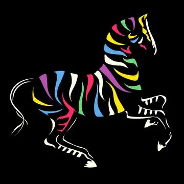 Vector rear up zebra silhouette with rainbow colorful stripes on black Illustrazione stock