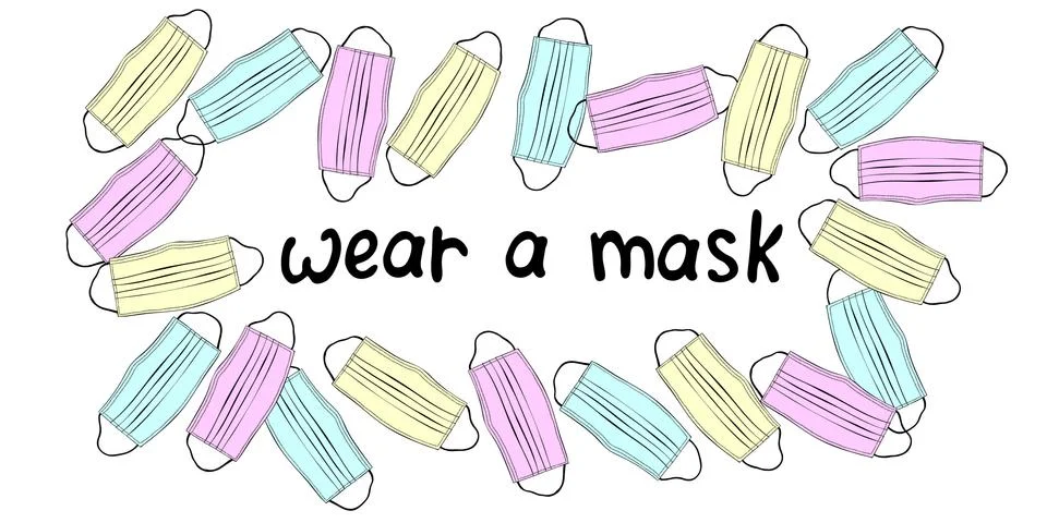 Vector rectangle frame made of blue, pink, yellow medical face masks. Border, Stock Illustration