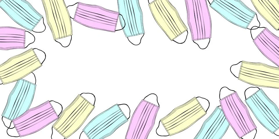 Vector rectangle frame made of blue, pink, yellow medical face masks. Border, Illustrazione stock