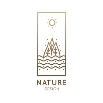 Vector rectangular logo of nature elements. Linear vertical icon of landscape 스톡 일러스트