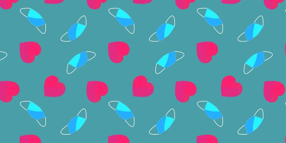 Vector rectangular pattern of pink hearts and blue medical masks in flat styl Illustrazione stock