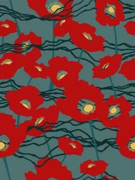 Vector red abstract shape flower motif with hand drawn stripe line pattern Stock Illustration