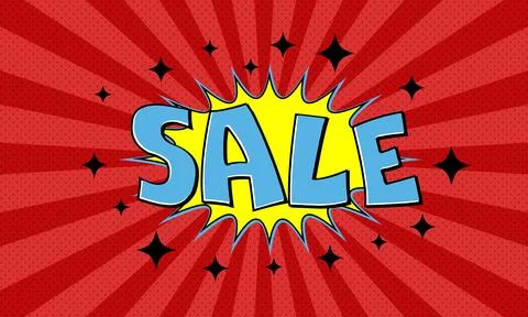 Vector red advertising banner with text sale in pop art comics style Stock Illustration