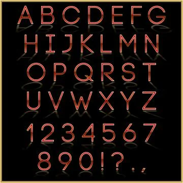 Vector red alphabet letter, digits and punctuation signs with reflection on dark Stock Illustration