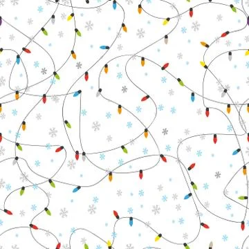 Vector red and blue Christmas lights garland on white background seamless pat Stock Illustration