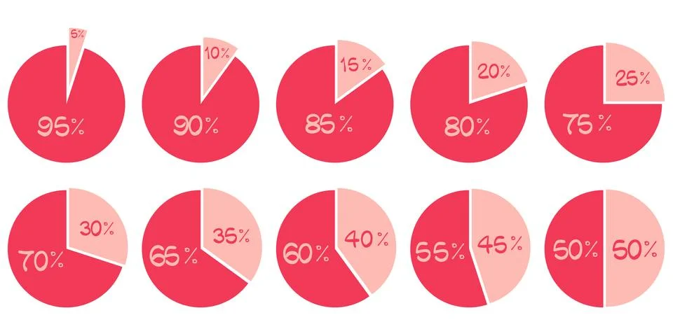 Vector red and pink  5, 10, 15, 20, 25, 30, 35, 40, 45, 50 pie diagrams Illustration