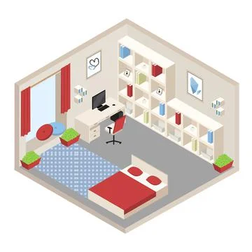 Vector red and white isometric room with furniture Stock Illustration
