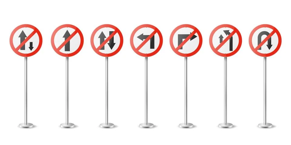 Vector Red and White Round Prohibition Traffic Sign with Arrow Icon Set Isolated Stock Illustration