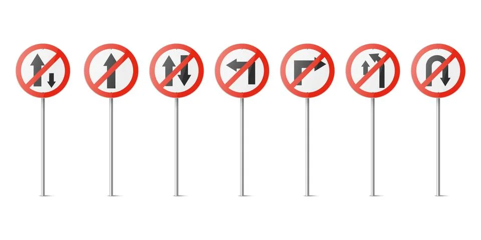 Vector Red and White Round Prohibition Traffic Sign with Arrow Icon Set Isolated Illustration