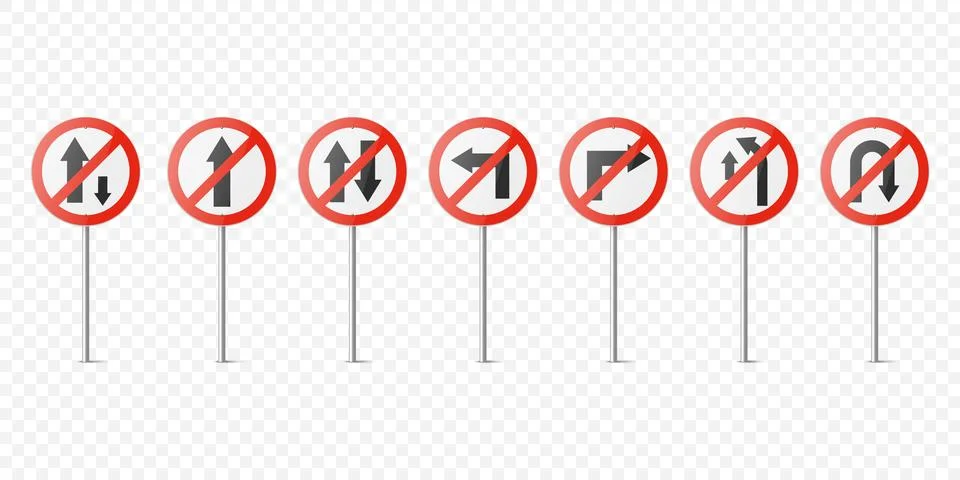 Vector Red and White Round Prohibition Traffic Sign with Arrow Icon Set Isolated Illustration