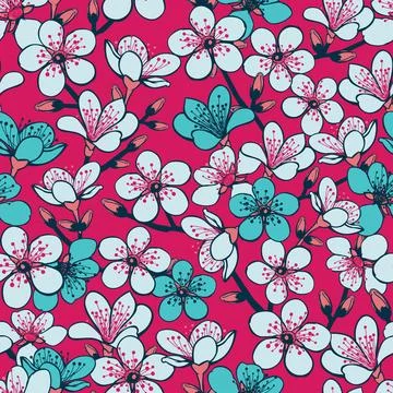 Vector red background with light grey and cyan cherry blossom sakura flowers  Stock Illustration