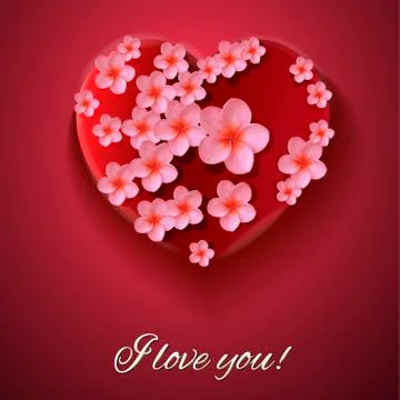 Vector. Red background. Postcard heart. I love you. Flowers. Valentine's day Stock Illustration