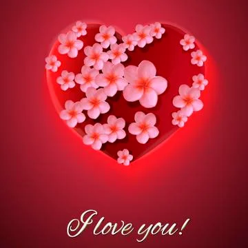 Vector. Red background. Postcard heart. I love you. Flowers. Valentine's day Stock Illustration