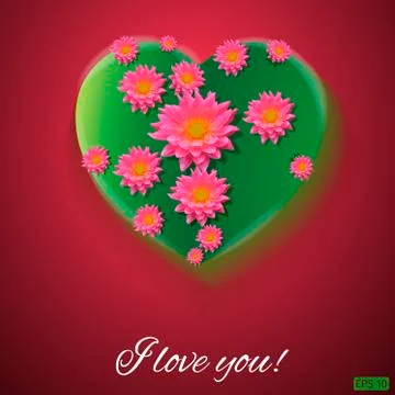 Vector. Red background. Postcard heart. I love you. Flowers. Valentine's day Stock Illustration