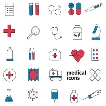 Vector red blue colored medicine icons set isolated elements. Stock Illustration