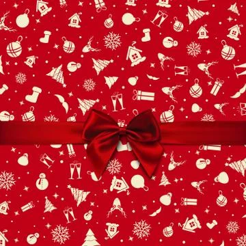 Vector - Red Bow over red Christmas wrapping paper. Christmas card. Happy New Stock Illustration