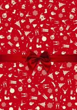 Vector - Red Bow over red Christmas wrapping paper. Christmas card. Happy New Stock Illustration
