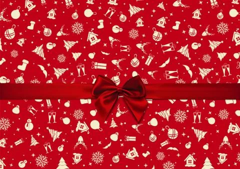 Vector - Red Bow over red Christmas wrapping paper. Christmas card. Happy New Illustrazione stock