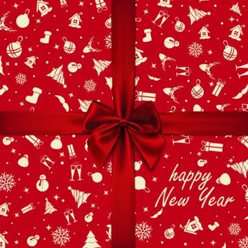 Vector - Red Bow over red Christmas wrapping paper. Christmas card. Happy New Stock Illustration