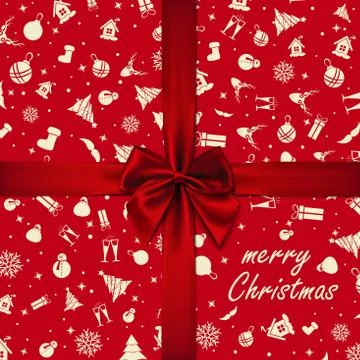 Vector - Red Bow over red Christmas wrapping paper. Christmas card. Happy New Stock Illustration