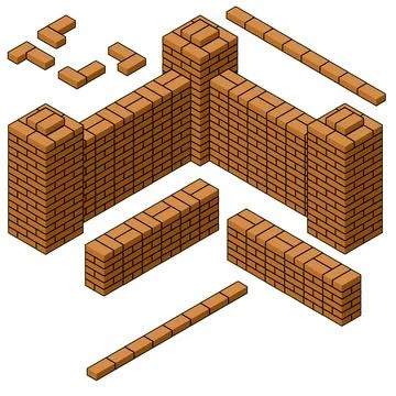 Vector Red brick wall in isometric view. Stock Illustration