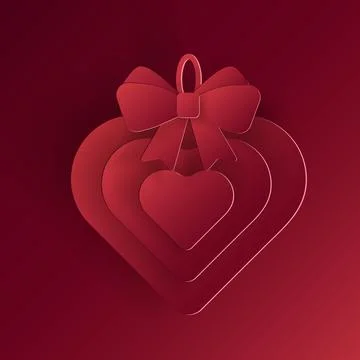 Vector red christmas paper cut 3d heart with bow pendant Stock Illustration