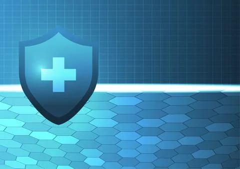 Vector : Red cross and shield with blue medical hexagons background Stock Illustration