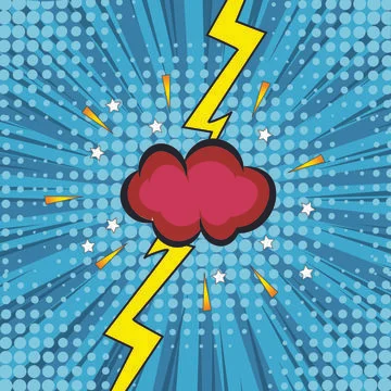 Vector of red explosion with yellow lightning bolts, sparks and stars on blue Stock Illustration