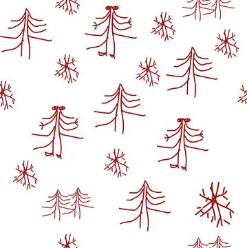 Vector. Red fir trees and  snowflakes on a white background in doodle style. Stock Illustration