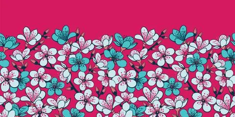 Vector red floral horizontal border background with cyan cherry blossom sakur Stock Illustration