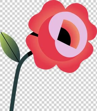 Vector red flower is showing layered petals geometric core stem gradient leaf on Stock Illustration